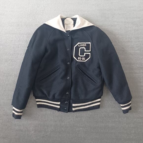 Vintage Delong Varsity Cheerleading Jacket Womens 34 Black Wool 80s Snapfront - Picture 8 of 8